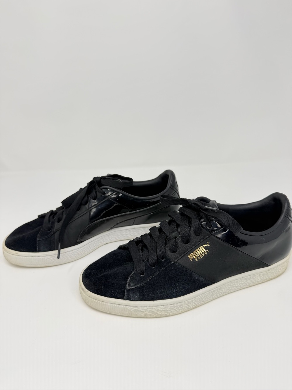 Puma Black Low-Top Suede & Patent Sneakers with Gold Logo
